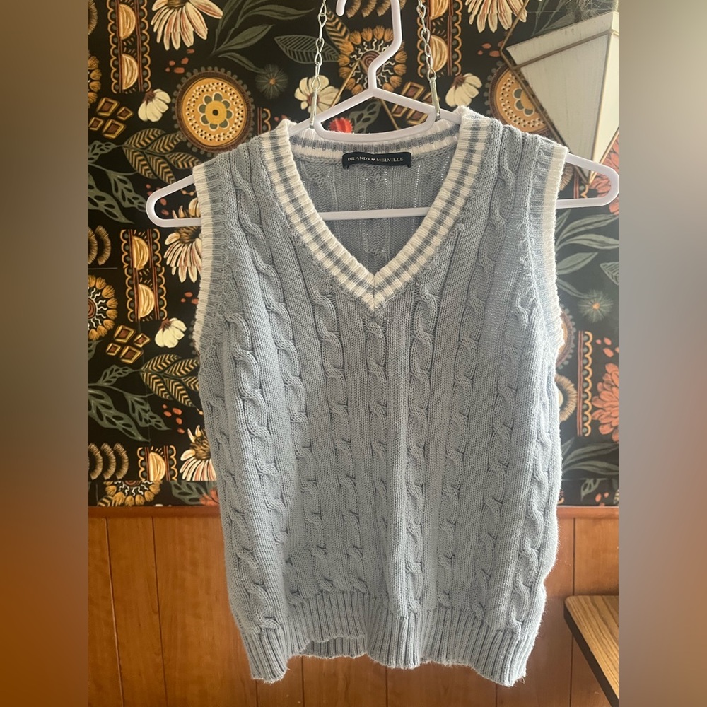 Brandy Melville Cable Knit V-Neck Sweater Vest - Baby Blue